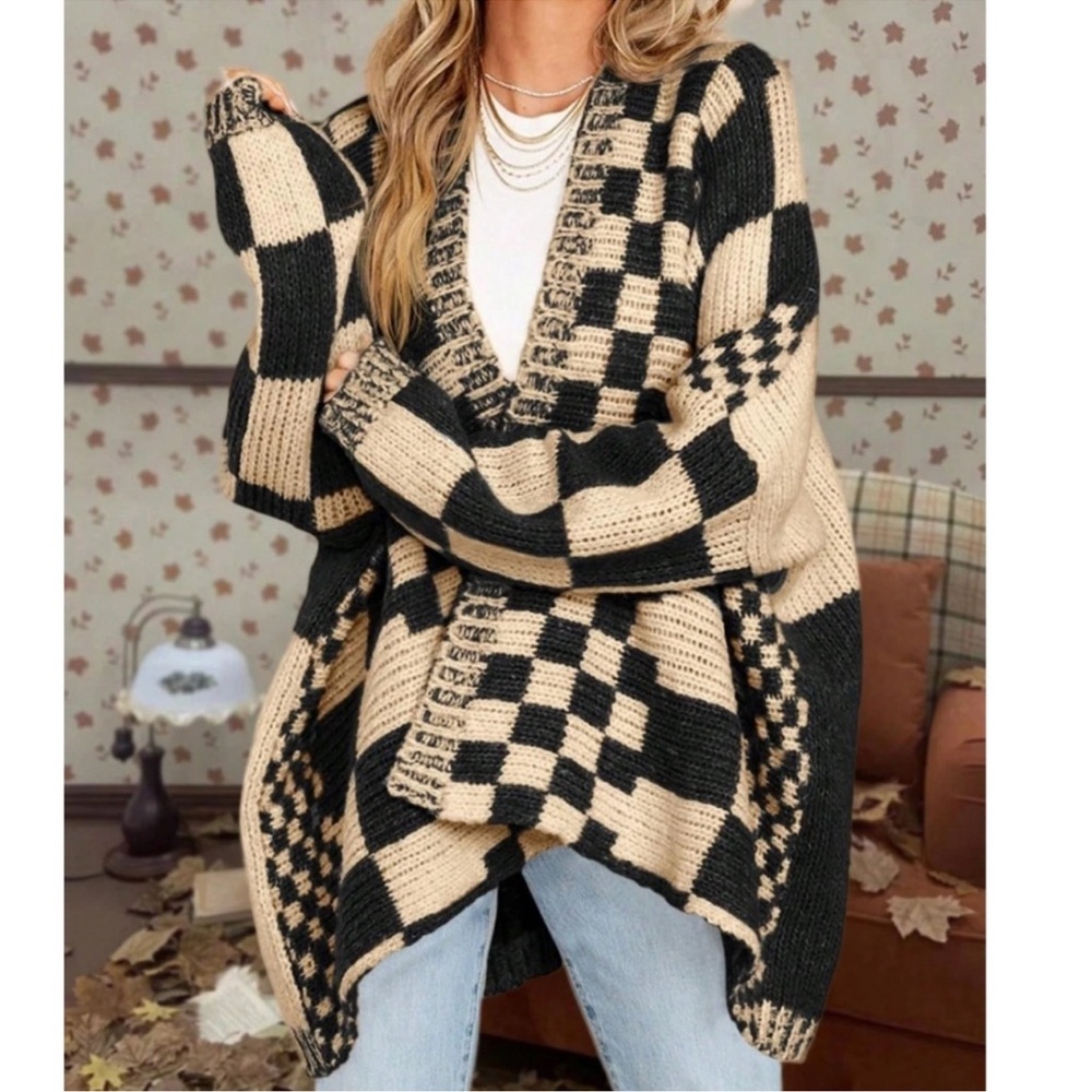 Cozy Buffalo Plaid Print Open Front Loose Fit Cardigan Sweater S M L XL